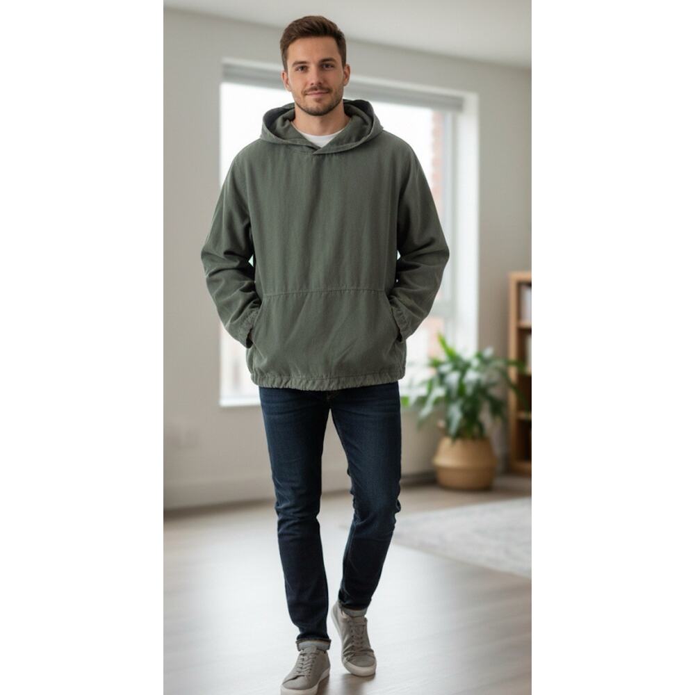 COS Men’s Hoodie Canvas Pullover Streetwear Olive Green Designer Sz Large